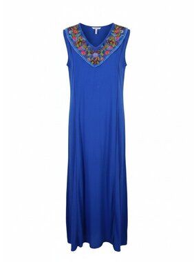 Studio West Blue Sleeveless Dress With Embroidered Floral Neckline